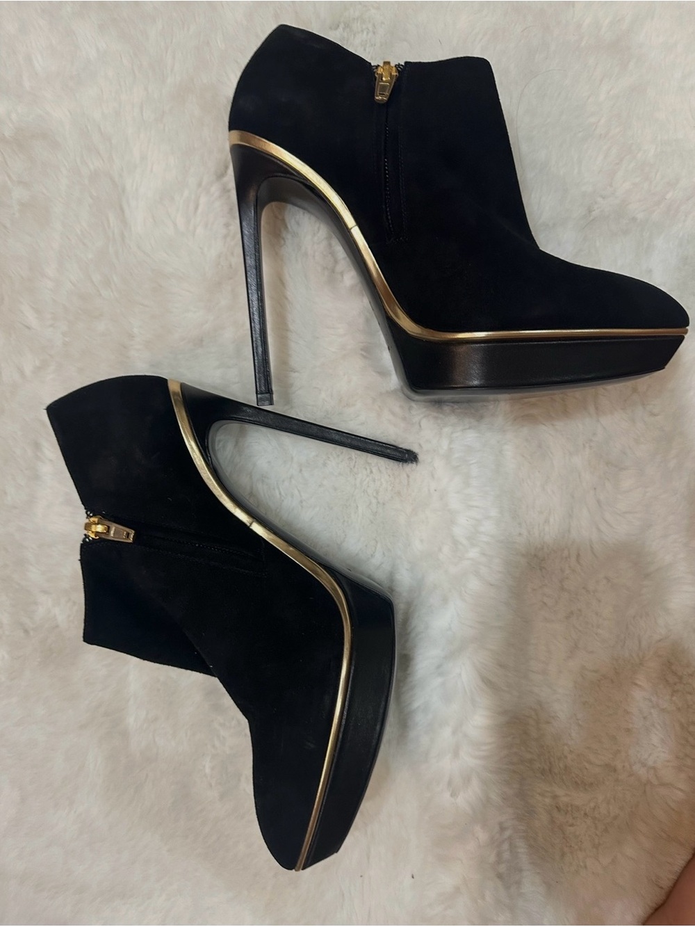 Yves Saint Laurent NEW Black Suede Platform Ankle Boots with Gold Trim